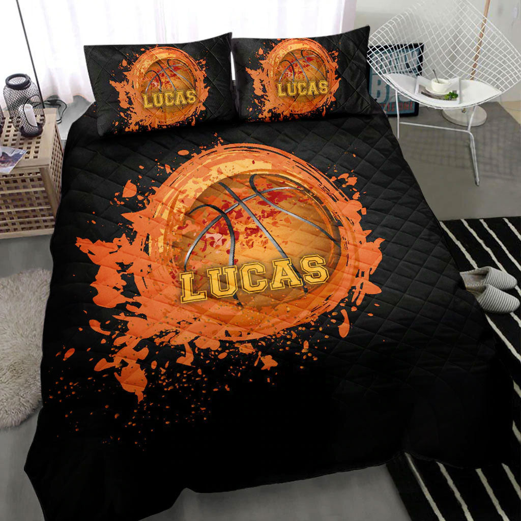 Personalized Basketball Quilt Bedding Set, Basketball Ball Watercolor Black Quilt Blanket With Pillowcases, Duvet Cover Set