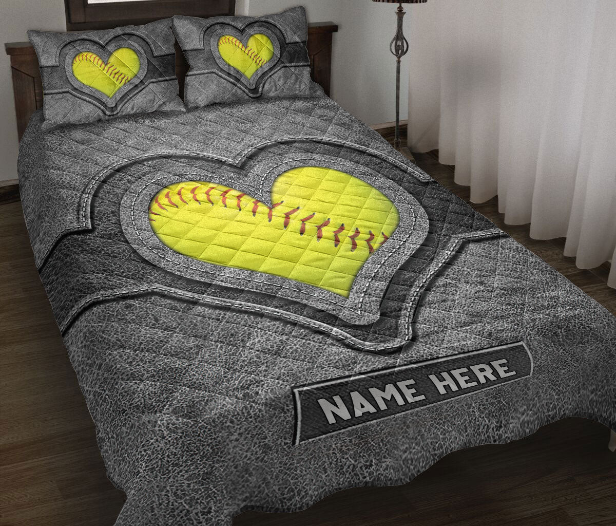 Personalized Softball Quilt Bedding Set, Softball Heart Gray Quilt Blanket With Pillowcases, Custom Name Duvet Cover Set