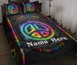 Personalized Hippie Quilt Bedding Set, Hippie Peace Sign Colorful Carbon Quilt Blanket With Pillowcases, Custom Name Duvet Cover Set