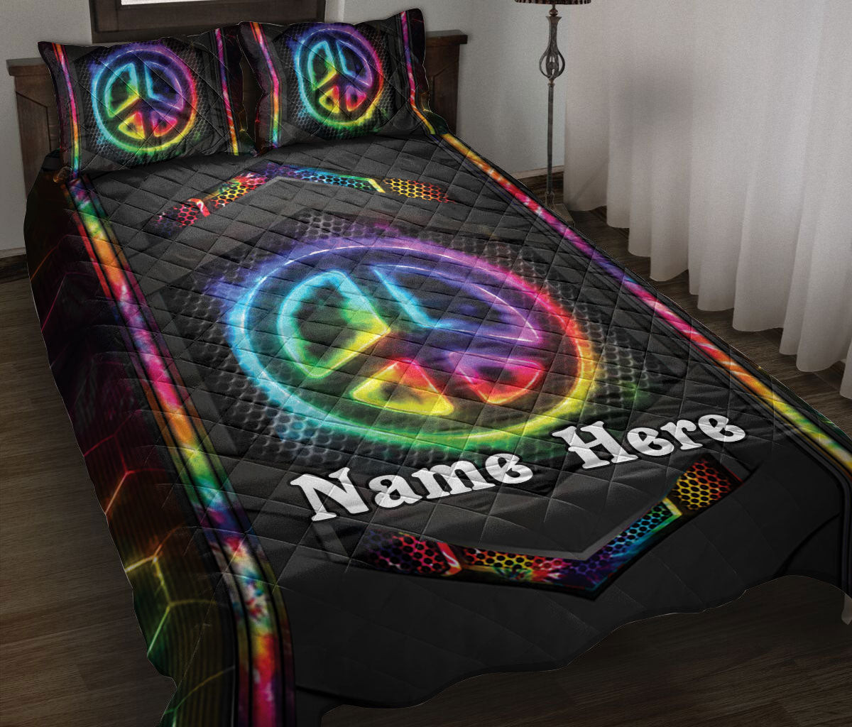 Personalized Hippie Quilt Bedding Set, Hippie Peace Sign Colorful Carbon Quilt Blanket With Pillowcases, Custom Name Duvet Cover Set