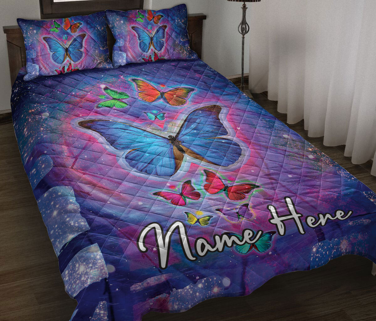 Personalized Butterfly Quilt Bedding Set, Beautiful Butterfly Floral Quilt Blanket With Pillowcases, Custom Name Duvet Cover Set