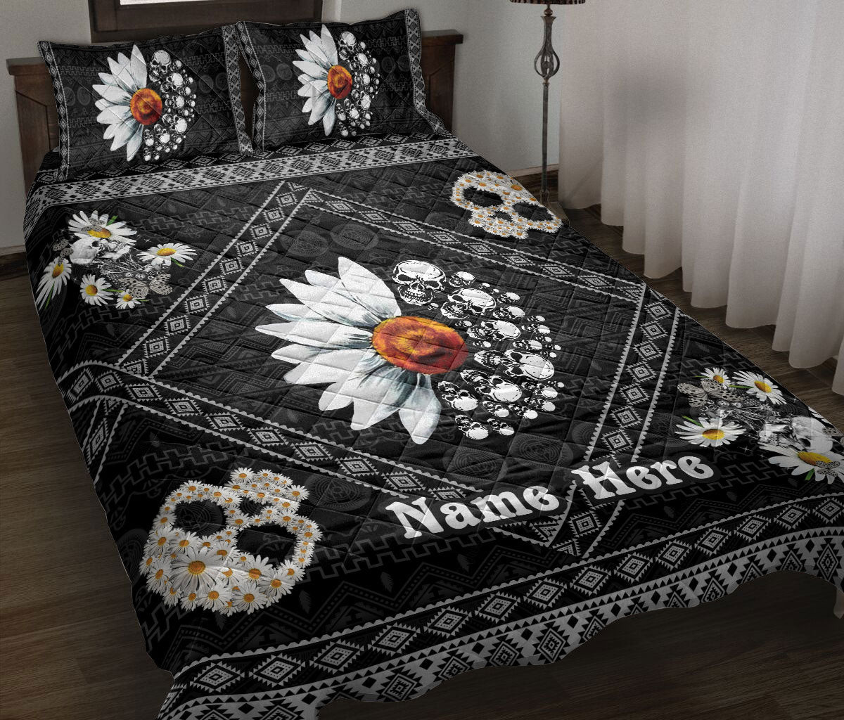 Personalized Skull Quilt Bedding Set, Skull Daisy You Are My Sunshine Quilt Blanket With Pillowcases, Custom Name Duvet Cover Set