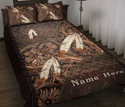 Personalized Native American Quilt Bedding Set, Native American Feather Floral Quilt Blanket With Pillowcases, Custom Name Duvet Cover Set