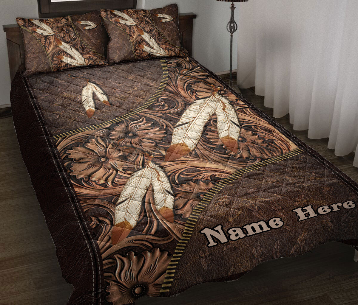 Personalized Native American Quilt Bedding Set, Native American Feather Floral Quilt Blanket With Pillowcases, Custom Name Duvet Cover Set