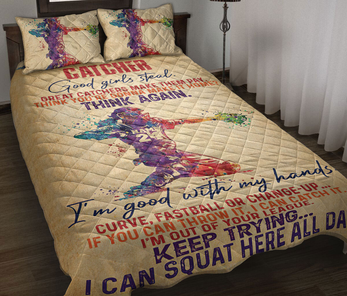 Personalized Softball Quilt Bedding Set, Softball Catcher Girl Princess Watercolor Quilt Blanket With Pillowcases, Duvet Cover Set