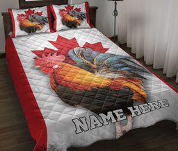 Personalized Chicken Quilt Bedding Set, Canada Flag Chicken Canadian Rooster Flag Maple Leaf Quilt Blanket With Pillowcases, Duvet Cover Set