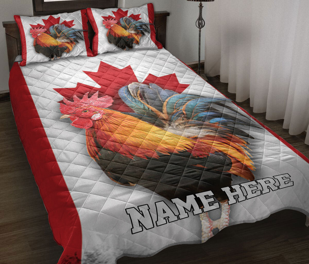 Personalized Chicken Quilt Bedding Set, Canada Flag Chicken Canadian Rooster Flag Maple Leaf Quilt Blanket With Pillowcases, Duvet Cover Set