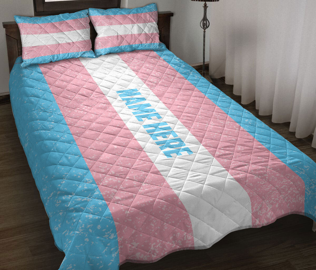 Personalized Quilt Bedding Set, Transgender Flag LGBTLgbtq Pride Love Is Love Quilt Blanket With Pillowcases, Custom Name Duvet Cover Set