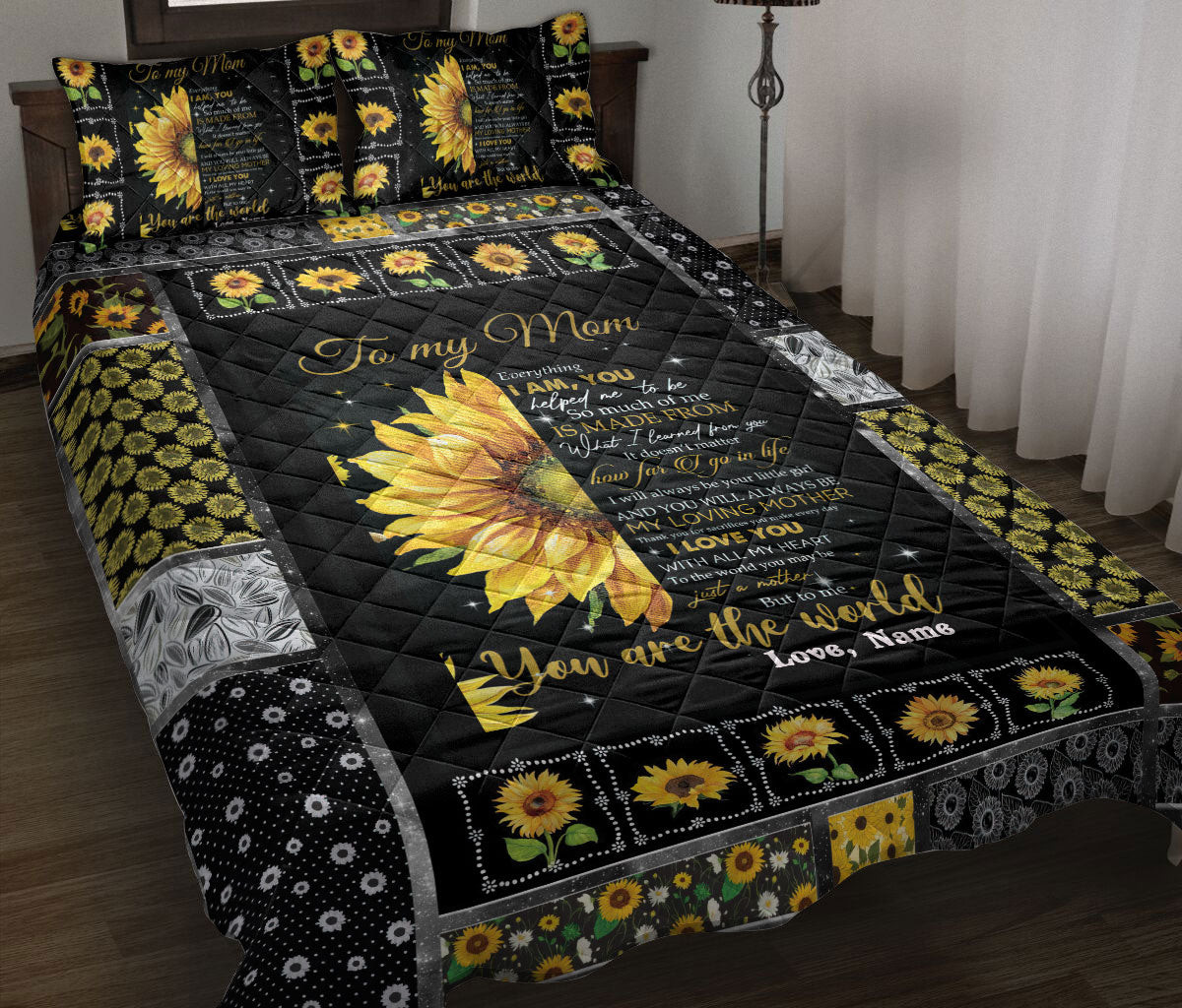 Personalized Sunflower Quilt Bedding Set, To My Mom Sunflower From Daughter Quilt Blanket With Pillowcases, Custom Name Duvet Cover Set