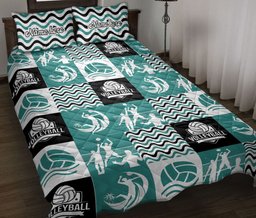 Personalized Volleyball Quilt Bedding Set, Volleyball Patchworks Blue Black White Quilt Blanket With Pillowcases, Custom Name Duvet Cover Set