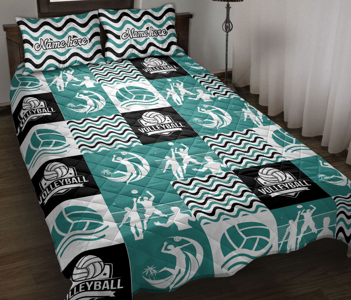 Personalized Volleyball Quilt Bedding Set, Volleyball Patchworks Blue Black White Quilt Blanket With Pillowcases, Custom Name Duvet Cover Set