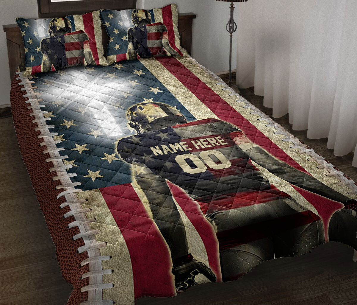 Personalized Football Quilt Bedding Set, Footballian Cross American US Flag Quilt Blanket With Pillowcases, Duvet Cover Set