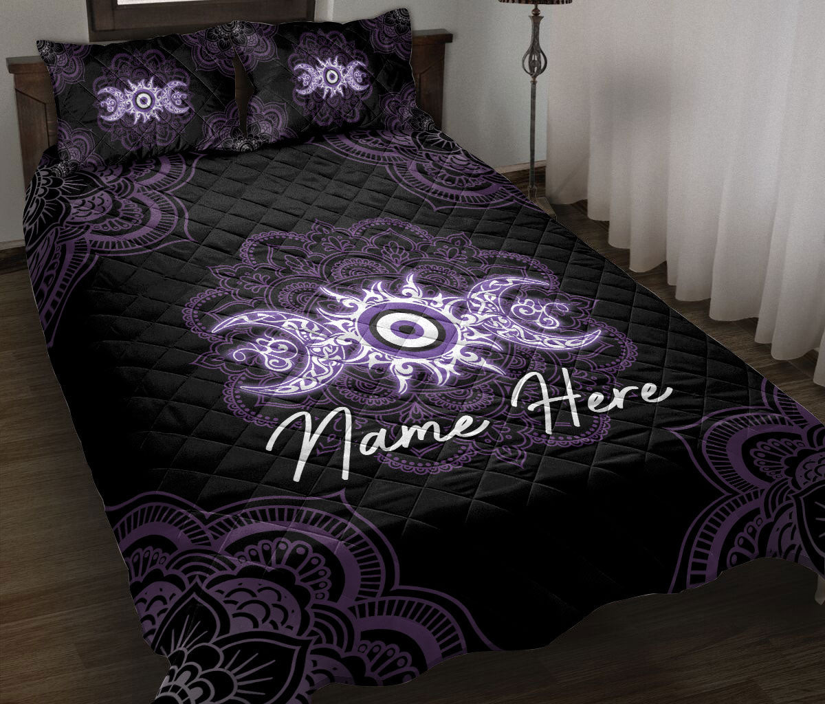 Personalized Matiasma Quilt Bedding Set, Nazar Greek Matiasma Mati Evil Mataki Eye Triple Moon Quilt Blanket With Pillowcases, Duvet Cover Set