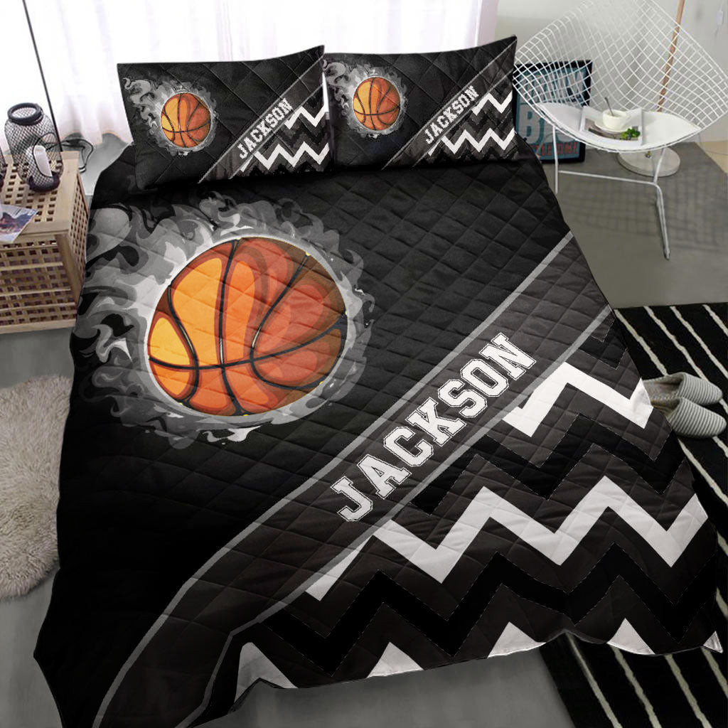 Personalized Basketball Quilt Bedding Set, Basketball Smoke Ball Zig Zag Black Quilt Blanket With Pillowcases, Custom Name Duvet Cover Set