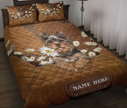 Personalized Yorkshire Quilt Bedding Set, Yorkshire Terrier Dog Daisy Flower Quilt Blanket With Pillowcases, Custom Name Duvet Cover Set