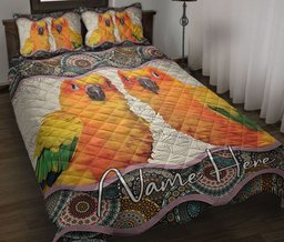 Personalized Conure Quilt Bedding Set, Sun Conure Parrot Mandala Floral Quilt Blanket With Pillowcases, Custom Name Duvet Cover Set