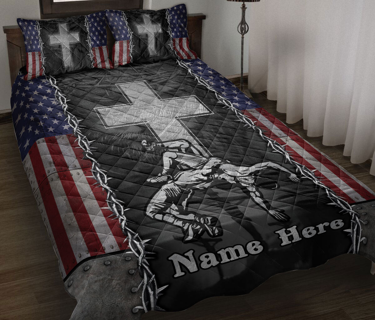 Personalized Wrestling Quilt Bedding Set, JesusGod Cross Wrestlingian Quilt Blanket With Pillowcases, Custom Name Duvet Cover Set