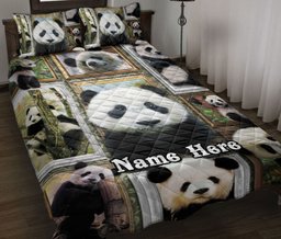 Personalized Panda Quilt Bedding Set, Panda Frame Patchwork Floral Quilt Blanket With Pillowcases, Custom Name Duvet Cover Set