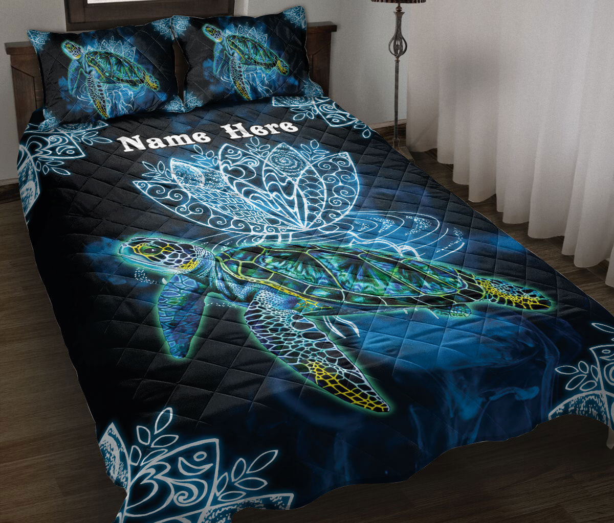 Personalized Turtle Quilt Bedding Set, Sea Turtles Turtle Blue Floral Quilt Blanket With Pillowcases, Custom Name Duvet Cover Set