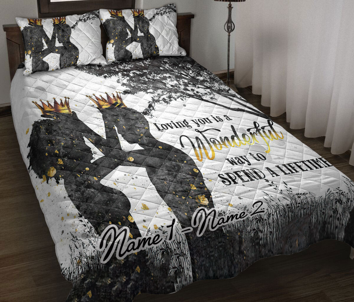 Personalized Quilt Bedding Set, Black White King Queen Coule Love Quilt Blanket With Pillowcases, Custom Name Duvet Cover Set