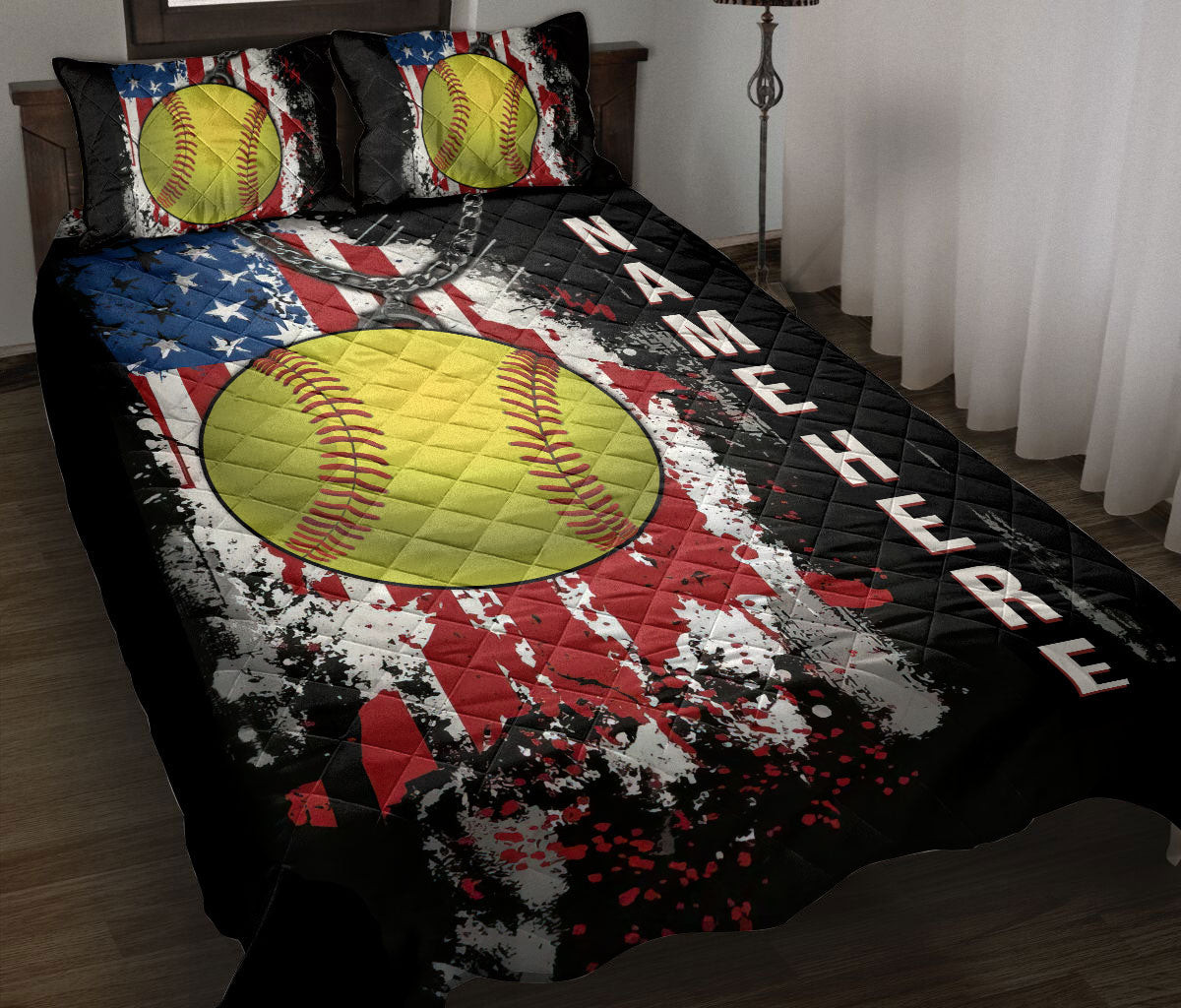 Personalized Softball Quilt Bedding Set, Softball Ball American US Flag Quilt Blanket With Pillowcases, Custom Name Duvet Cover Set