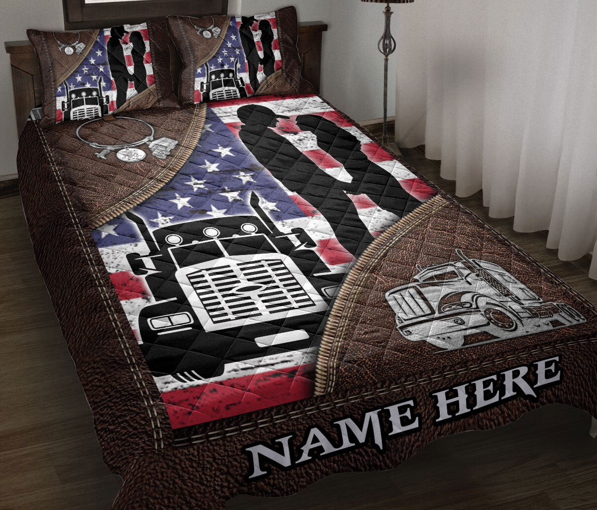 Personalized Trucker Quilt Bedding Set, Truck Trucker Couple US Flag Quilt Blanket With Pillowcases, Custom Name Duvet Cover Set