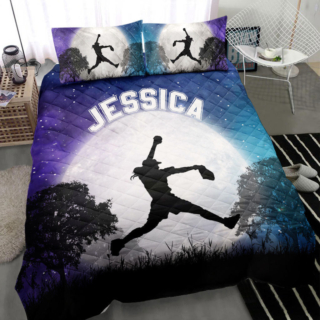 Personalized Softball Quilt Bedding Set, Softball Moon Galaxy Kky Quilt Blanket With Pillowcases, Custom Name Duvet Cover Set