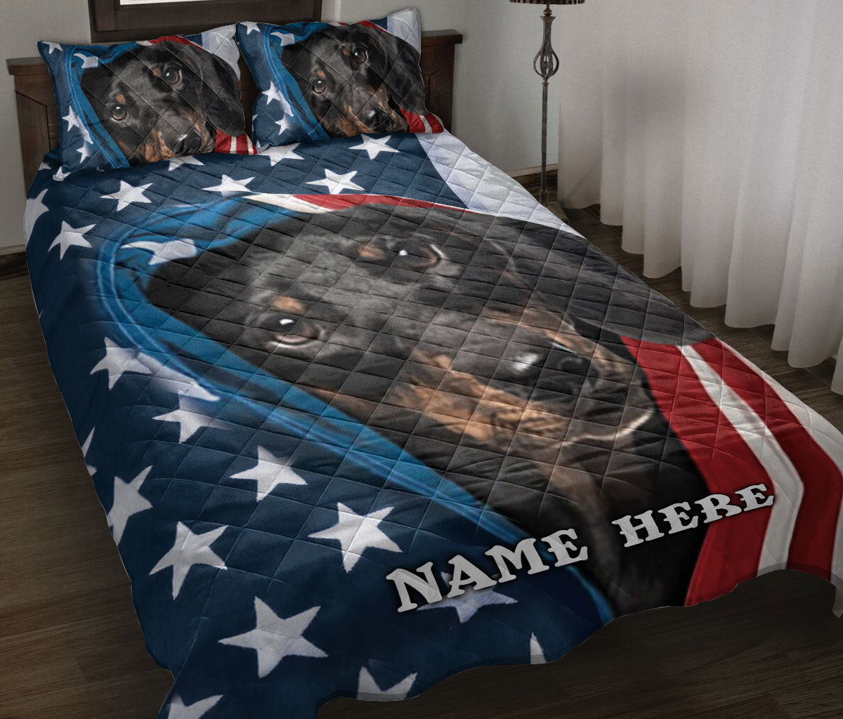 Personalized Dachshund Quilt Bedding Set, Dachshund Wiener Patriot American US Flag Quilt Blanket With Pillowcases, Bedding, July 4th Gift