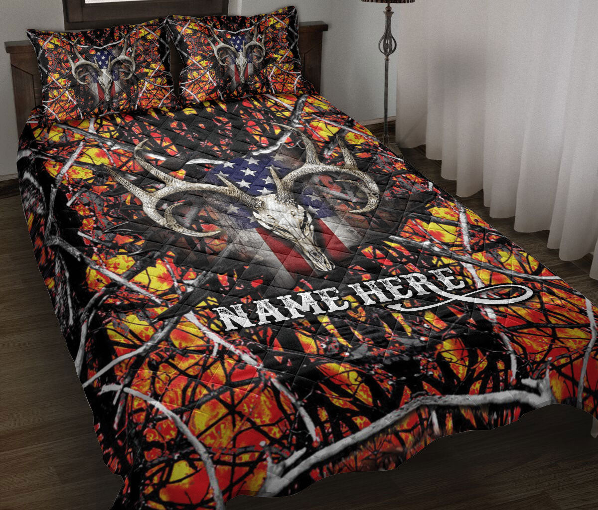 Personalized Hunting Quilt Bedding Set, Deer Hunter Hunting Orange US Flag Quilt Blanket With Pillowcases, Custom Name Duvet Cover Set