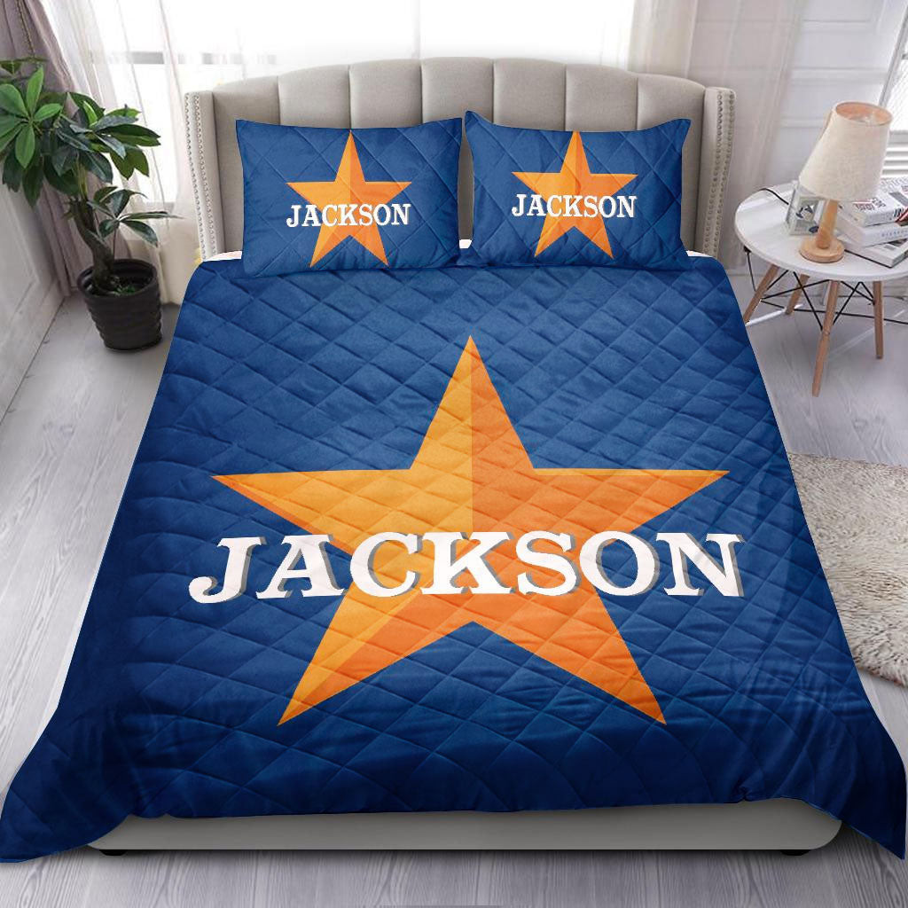 Personalized Baseball Quilt Bedding Set, Baseball Orange Star Blue Quilt Blanket With Pillowcases, Custom Name Duvet Cover Set, Sports Gifts