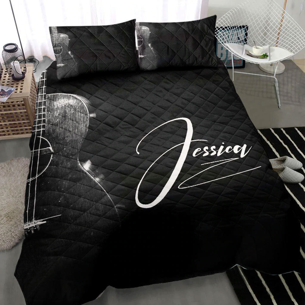Personalized Quilt Bedding Set, Aco Ustic Guitar Guitarist MusicTheme Black Quilt Blanket With Pillowcases, Custom Name Duvet Cover Set