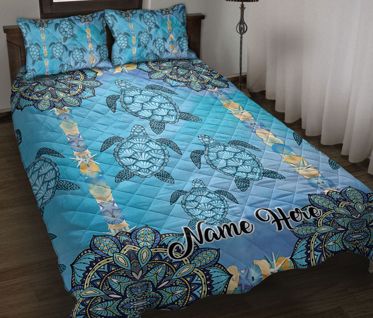 Personalized Turtle Quilt Bedding Set, Sea Turtle Blue Mandala Flower Floral Quilt Blanket With Pillowcases, Custom Name Duvet Cover Set