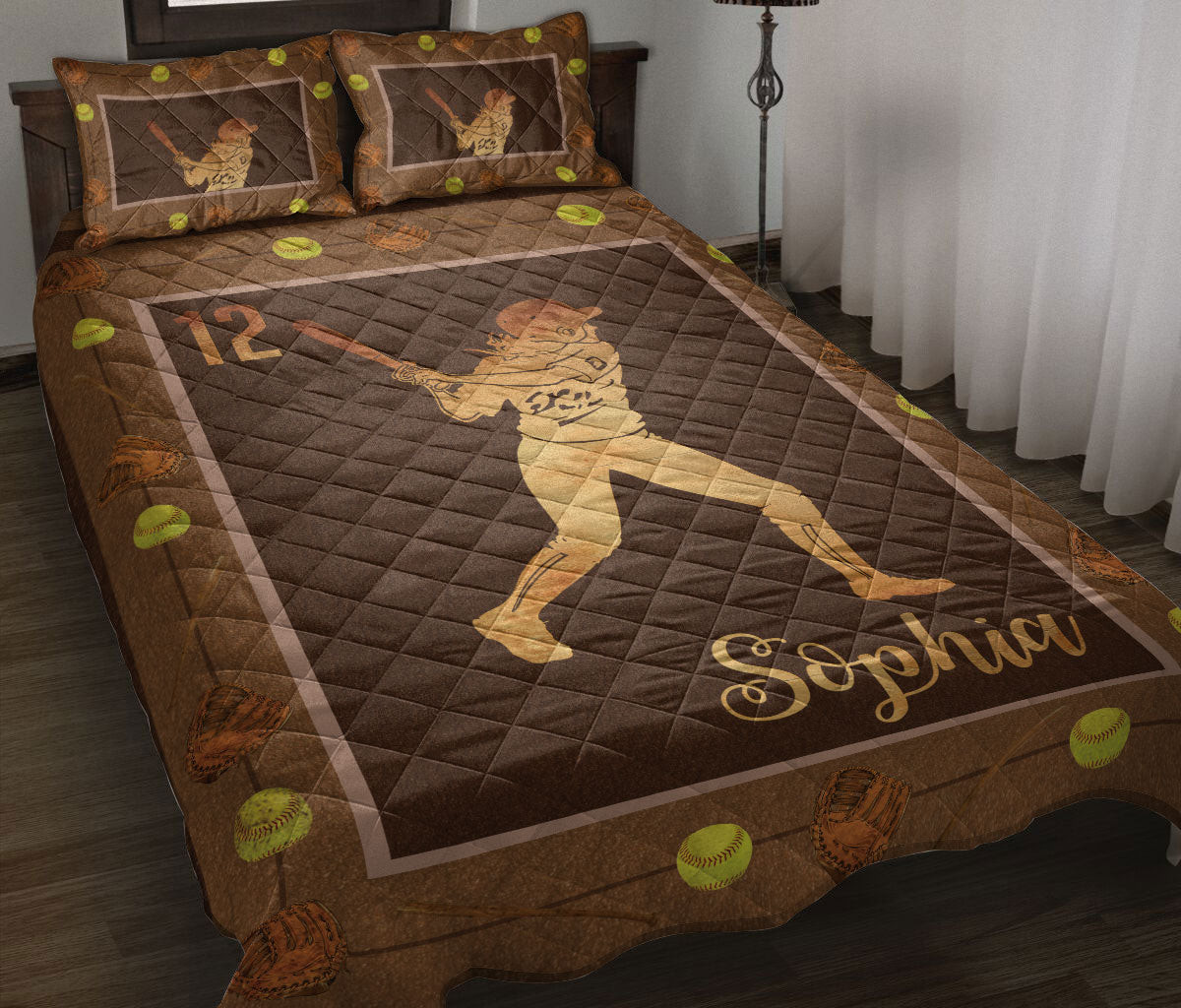 Personalized Softball Quilt Bedding Set, Softball Player Ball Quilt Blanket With Pillowcases, Custom Name Duvet Cover Set