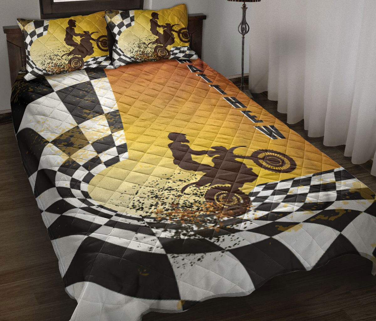 Personalized Racing Quilt Bedding Set, Motorcycle Racing Racer Chekered Flag Quilt Blanket With Pillowcases, Custom Name Duvet Cover Set