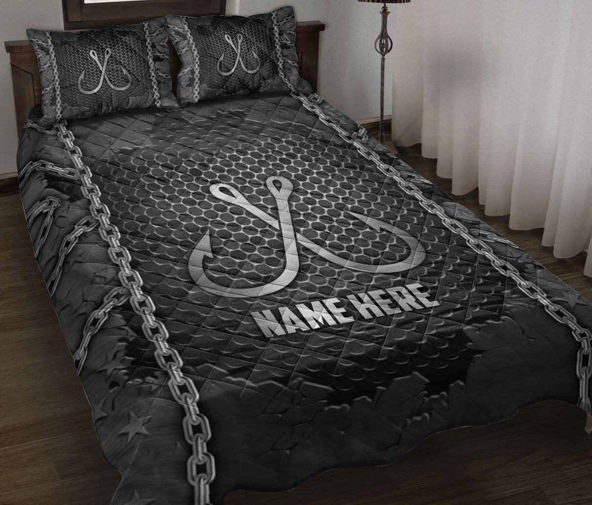 Personalized Fishing Quilt Bedding Set, Fishing Hook Iron Chain Quilt Blanket With Pillowcases, Custom Name Duvet Cover Set