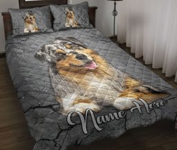 Personalized Australian Shepherd Quilt Bedding Set, A Ustralian Shepherd Dog Crack Gray Sliver Quilt Blanket With Pillowcases, Duvet Cover Set