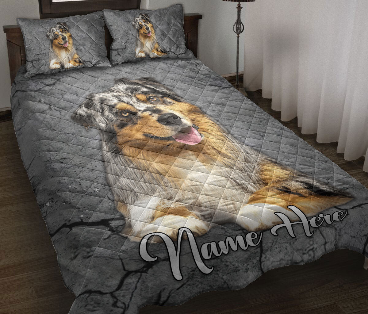 Personalized Australian Shepherd Quilt Bedding Set, A Ustralian Shepherd Dog Crack Gray Sliver Quilt Blanket With Pillowcases, Duvet Cover Set
