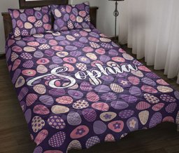 Personalized Easter Quilt Bedding Set, Purple Sugar Egg Seasonal Quilt Blanket With Pillowcases, Custom Name Duvet Cover Set