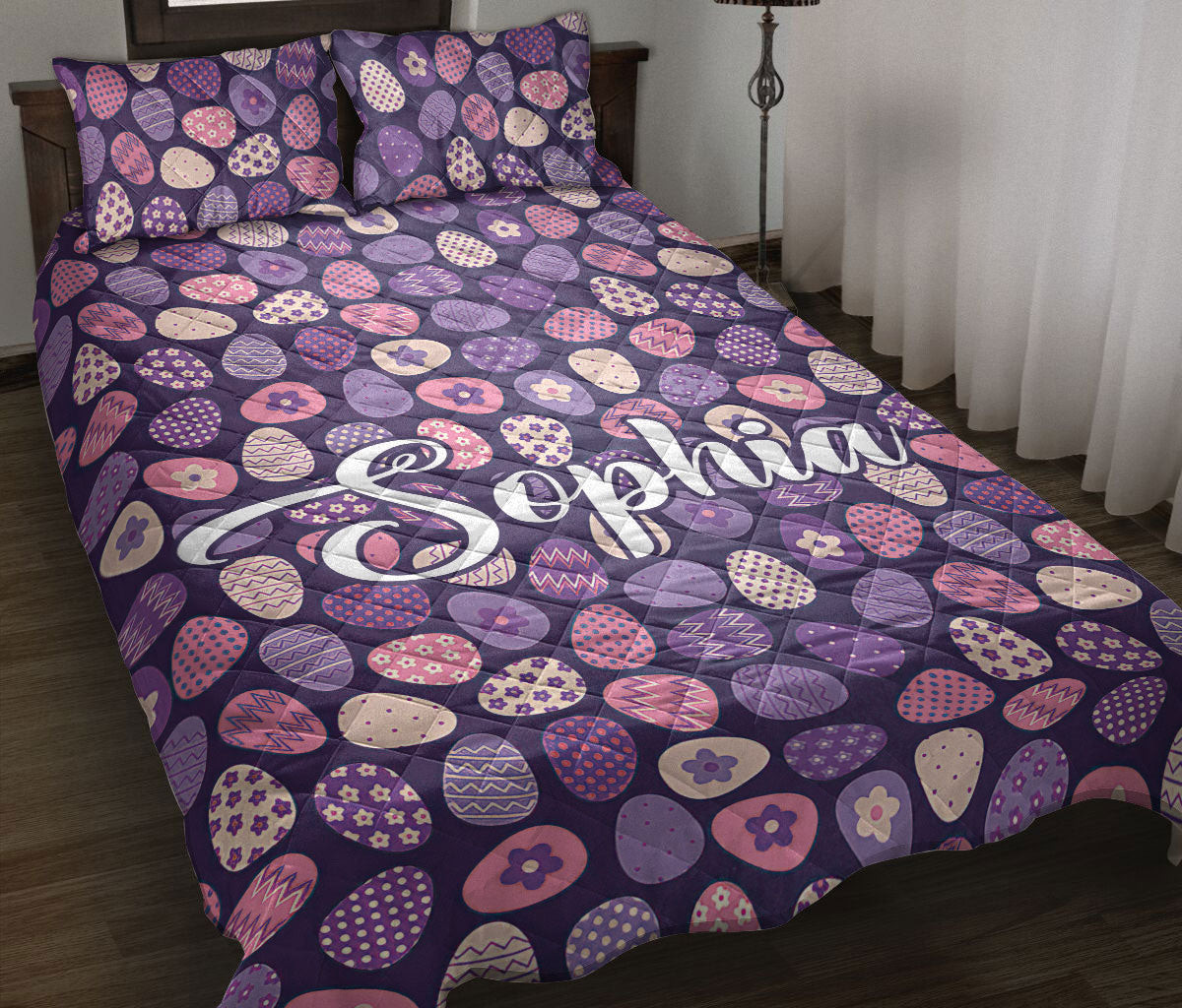 Personalized Easter Quilt Bedding Set, Purple Sugar Egg Seasonal Quilt Blanket With Pillowcases, Custom Name Duvet Cover Set