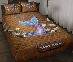 Personalized Mermaid Quilt Bedding Set, Beautiful Mermaid Under Sea With Daisy Flower Quilt Blanket With Pillowcases, Duvet Cover Set