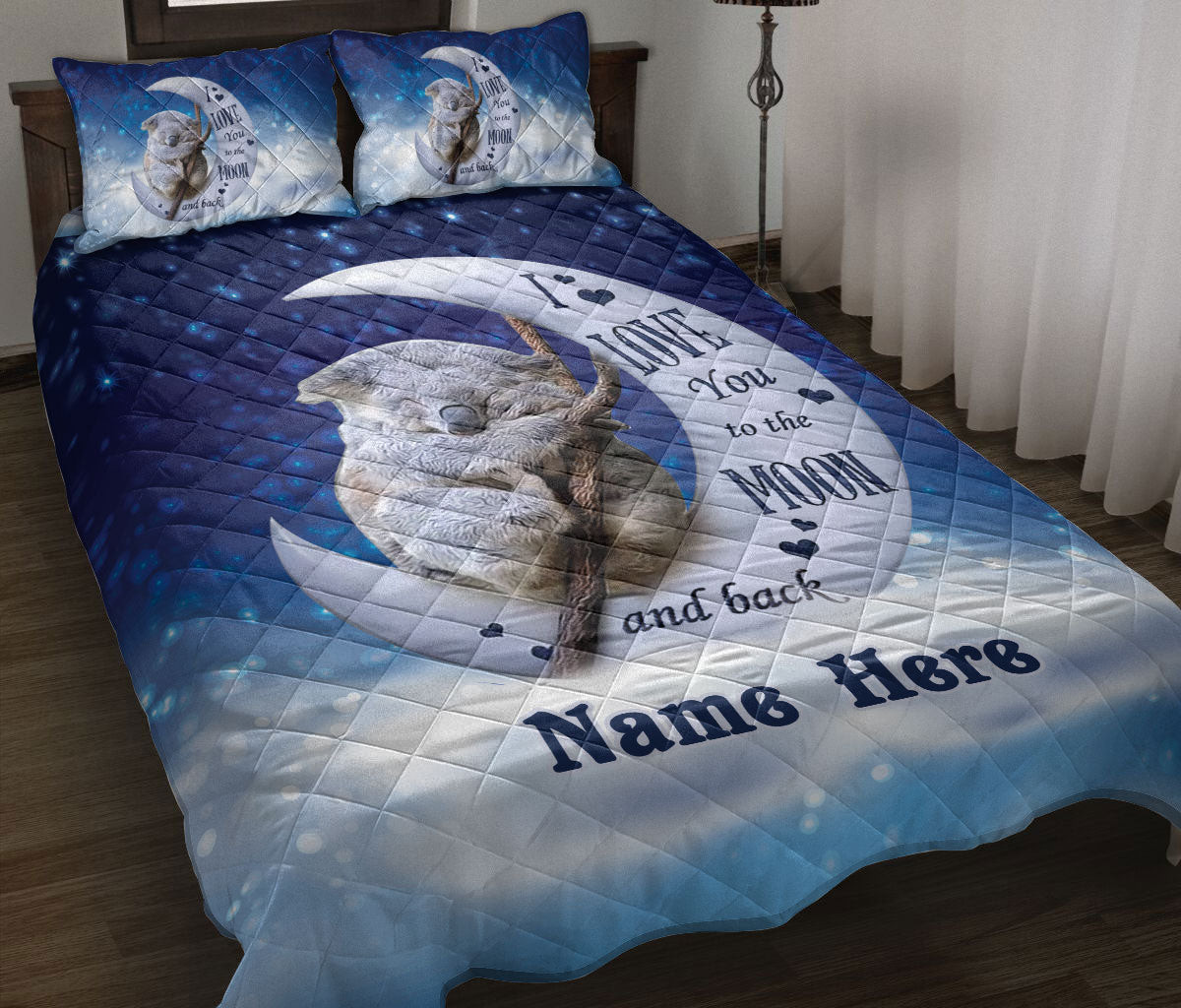 Personalized Koala Quilt Bedding Set, Cute Koala I Love You To The Moon & Back Quilt Blanket With Pillowcases, Custom Name Duvet Cover Set
