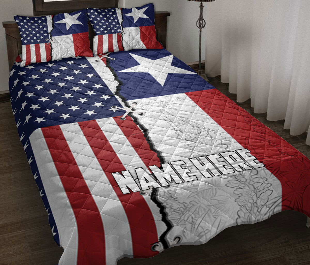 Personalized Texas Quilt Bedding Set, Texas And US Flag Wild West Western Texas Quilt Blanket With Pillowcases, Custom Name Duvet Cover Set