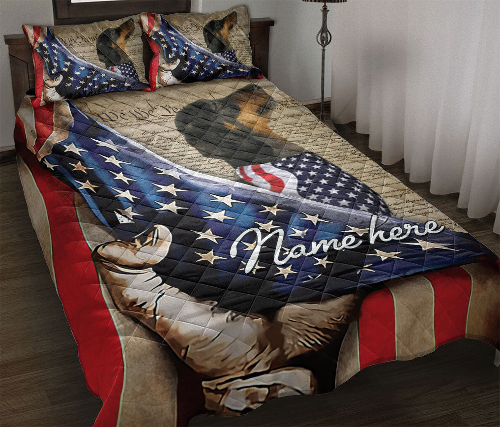 Personalized Dachshund Quilt Bedding Set, Dachshund Patriotic Dog US Flag We People Quilt Blanket With Pillowcases, Custom Name Duvet Cover Set