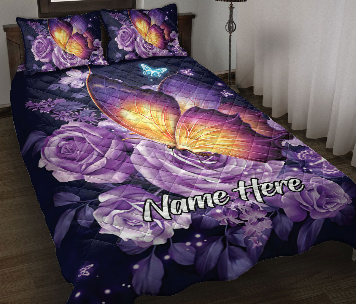 Personalized Butterfly Quilt Bedding Set, Beautiful Purple Butterfly Floral Quilt Blanket With Pillowcases, Custom Name Duvet Cover Set