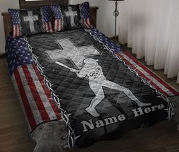 Personalized Softball Quilt Bedding Set, Softball Batterian JesusCross US Flag Quilt Blanket With Pillowcases, Custom Name Duvet Cover Set