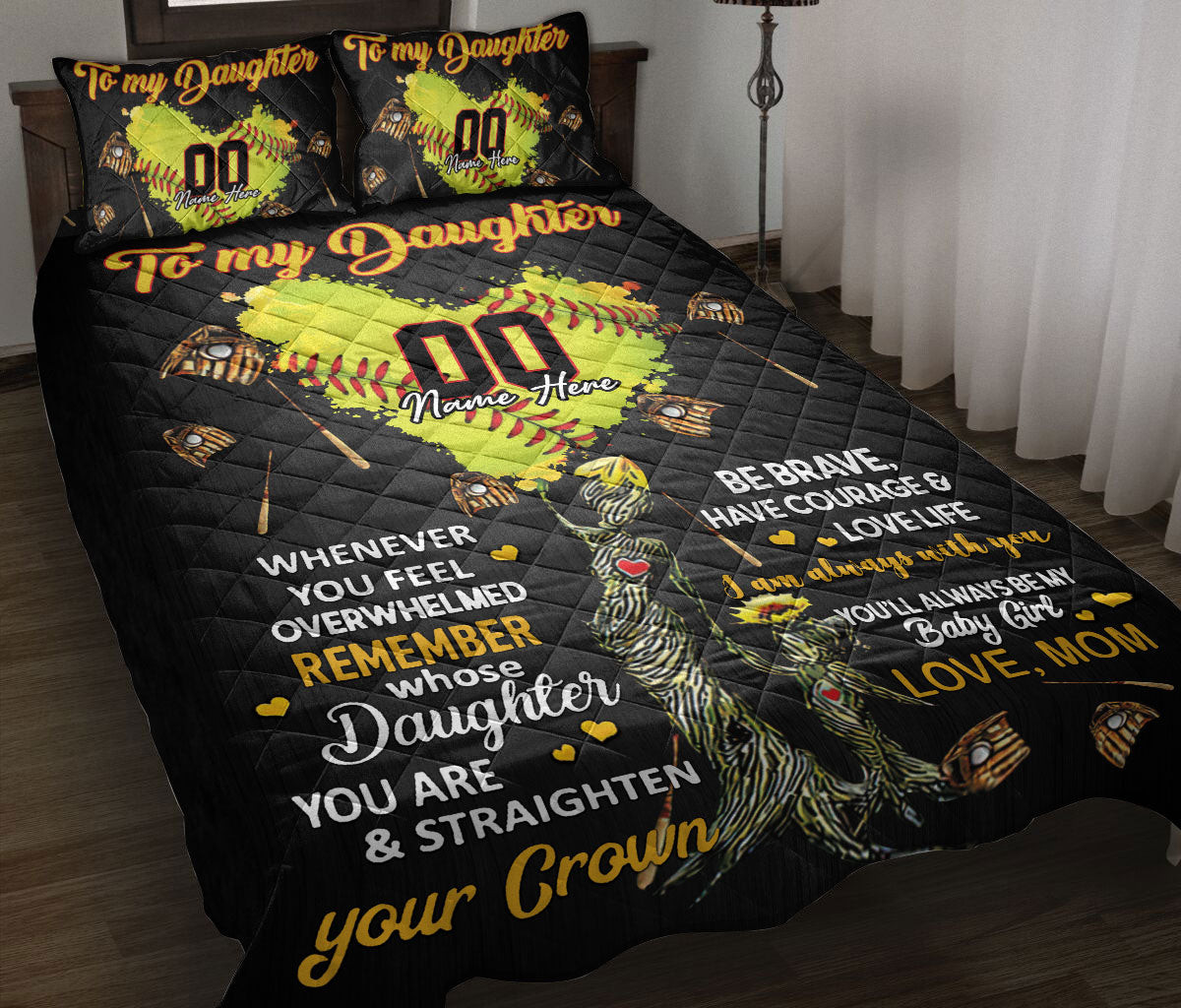 Personalized Softball Quilt Bedding Set, Softball Heart To My Daughter From Mom Quilt Blanket With Pillowcases, Duvet Cover Set