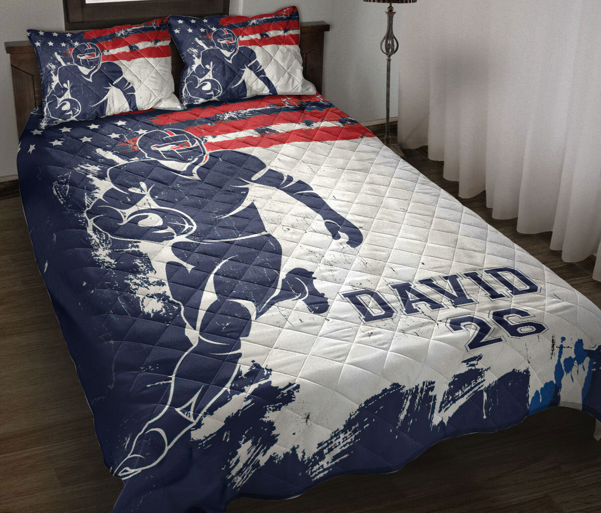 Personalized Football Quilt Bedding Set, Football Player US Flag American Quilt Blanket With Pillowcases, Duvet Cover Set