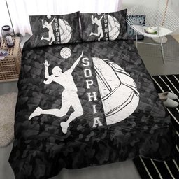 Personalized Volleyball Quilt Bedding Set, Volleyball Girl And Ball Black Quilt Blanket With Pillowcases, Custom Name Duvet Cover Set