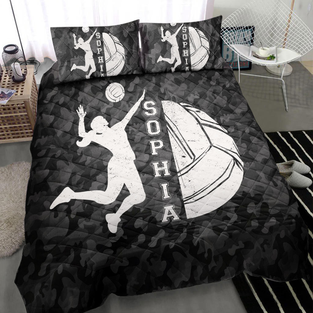 Personalized Volleyball Quilt Bedding Set, Volleyball Girl And Ball Black Quilt Blanket With Pillowcases, Custom Name Duvet Cover Set