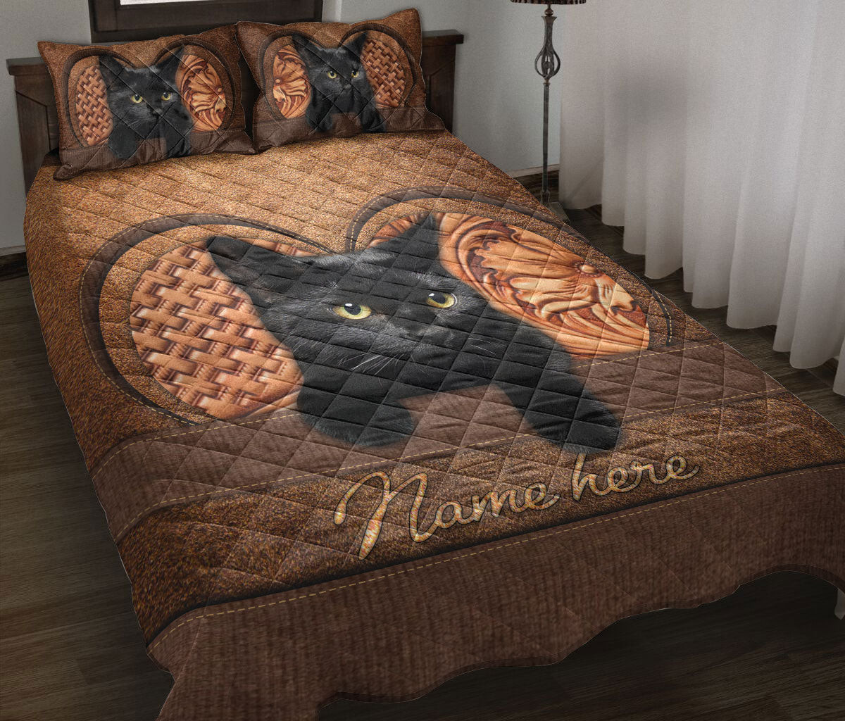Personalized Black Cat,Cat Quilt Bedding Set, Black Cat Cat Mom Dad Quilt Blanket With Pillowcases, Custom Name Duvet Cover Set